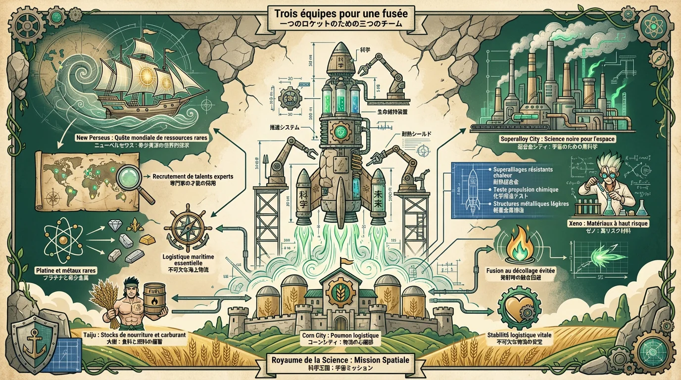 Infographie de la réorganisation du Royaume de la Science pour la mission spatiale de Senku
