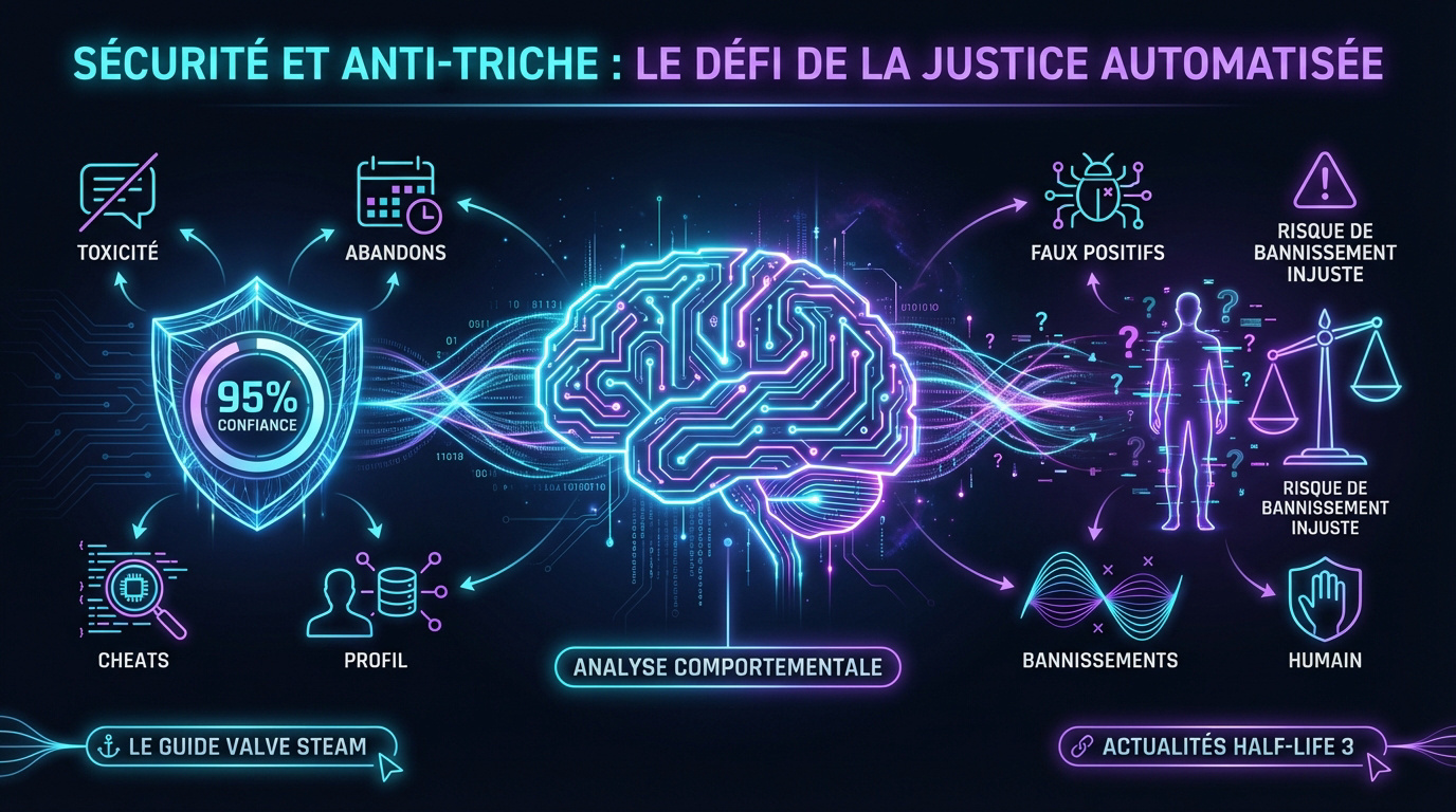 Infographie sur le fonctionnement de l'IA SteamGPT pour la sécurité et l'anti-triche sur Steam
