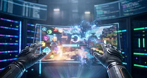 Des mains gantées interagissent avec une interface de jeu holographique flottant au-dessus de serveurs dans un centre de données.