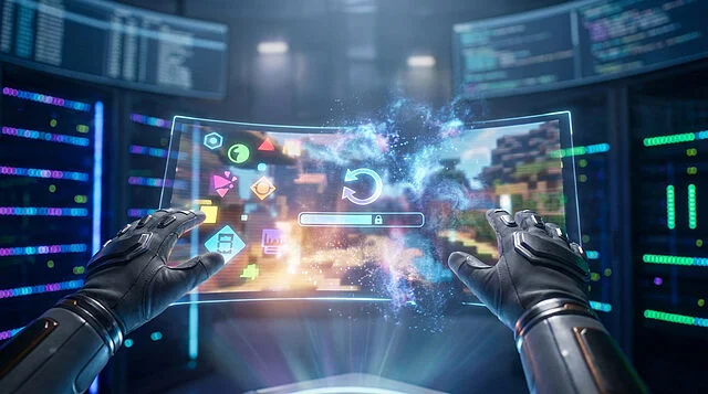 Interface de jeu cloud holographique Des mains gantées interagissent avec une interface de jeu holographique flottant au-dessus de serveurs dans un centre de données.