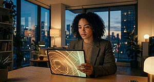 Jeune femme aux cheveux bouclés travaillant sur une tablette avec un écran abstrait et lumineux, dans un appartement moderne avec vue sur la ville au crépuscule.