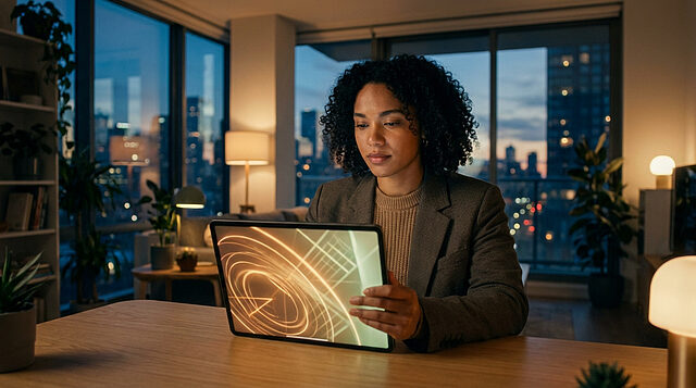 Jeune femme Gen Z devant son patrimoine numérique Jeune femme aux cheveux bouclés travaillant sur une tablette avec un écran abstrait et lumineux, dans un appartement moderne avec vue sur la ville au crépuscule.