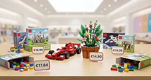 Sets LEGO variés (voiture de course, fleurs, château, vaisseau, éléphant) et briques sur une table avec étiquettes de prix en euros, fond de magasin flou.