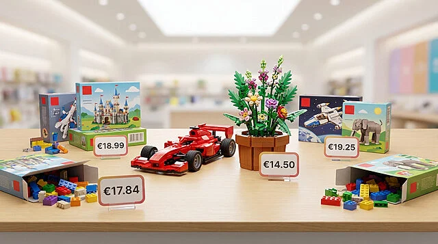 Offres LEGO Amazon : sets iconiques à prix cassés Sets LEGO variés (voiture de course, fleurs, château, vaisseau, éléphant) et briques sur une table avec étiquettes de prix en euros, fond de magasin flou.