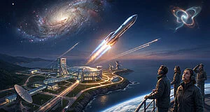 Lanceur spatial décollant d'une base futuriste en bord de mer, sous une galaxie. Des contrôleurs observent le vol.