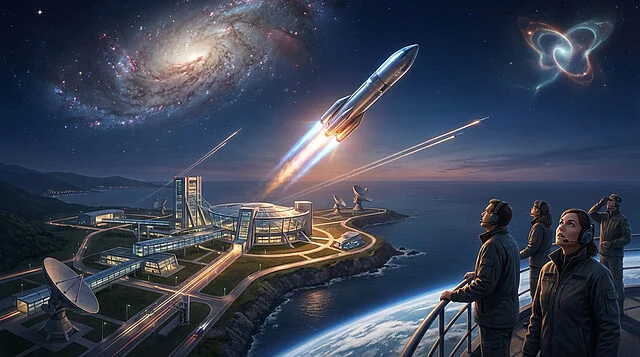 Lanceur spatial décollant d'une base futuriste en bord de mer, sous une galaxie. Des contrôleurs observent le vol.