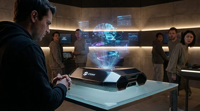 SteamGPT : l'IA de Valve en projection holographique Un homme observe une machine Steam futuriste projetant un hologramme complexe de données et un globe 3D. Autres personnes en arrière-plan.