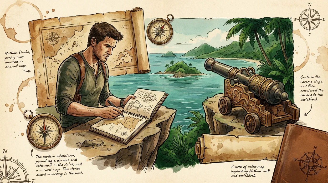 Un aventurier examinant une carte ancienne évoquant l'univers d'Uncharted