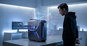 Un homme observe un ordinateur de bureau futuriste émettant des projections holographiques de données et circuits dans un décor moderne et bleu.