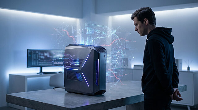 L'IA de Valve : un homme contemple une machine futuriste Un homme observe un ordinateur de bureau futuriste émettant des projections holographiques de données et circuits dans un décor moderne et bleu.