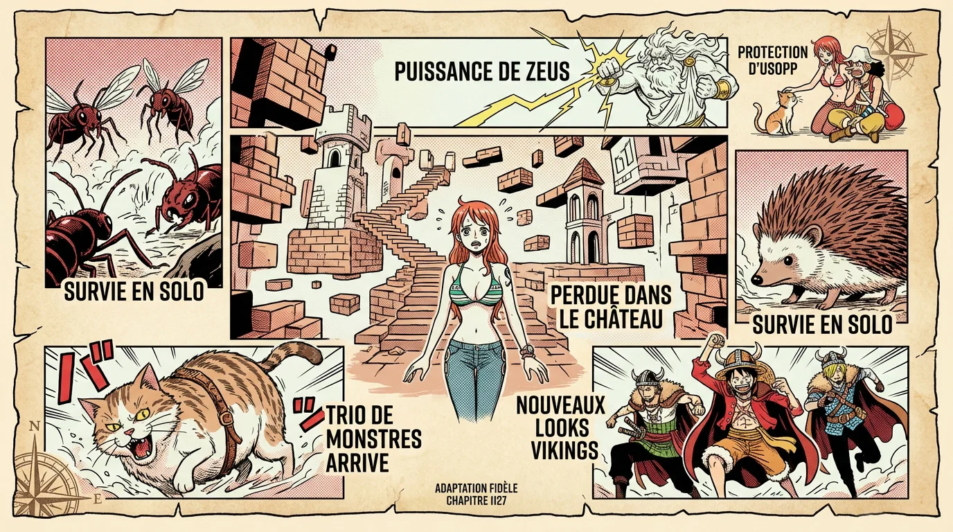 Nami perdue dans le château de briques face au chat géant et l'arrivée du trio de monstres