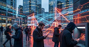 Scène urbaine nocturne: personnes consultant des smartphones avec alertes, un GAB en panne. Lignes lumineuses rouges et bleues évoquant une crise financière.