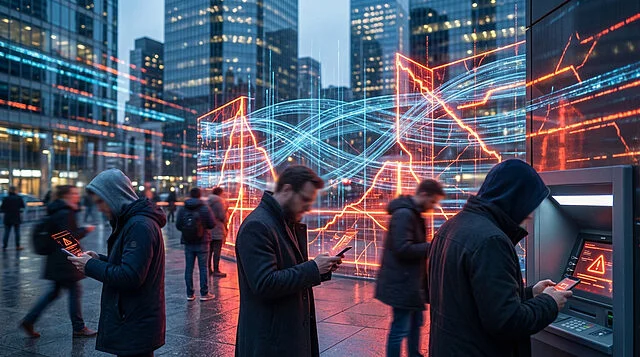 Crise financière numérique en Russie Scène urbaine nocturne: personnes consultant des smartphones avec alertes, un GAB en panne. Lignes lumineuses rouges et bleues évoquant une crise financière.