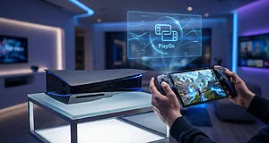 Console PlayStation 6 conceptuelle et appareil portable PlayGo en action, avec interface holographique bleue dans un salon moderne.