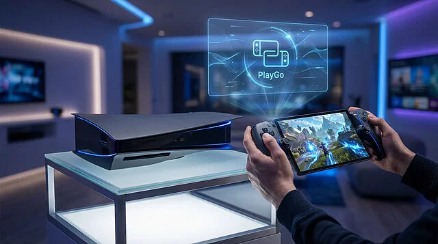PlayStation 6 et PlayGo : l'avenir du jeu portable Console PlayStation 6 conceptuelle et appareil portable PlayGo en action, avec interface holographique bleue dans un salon moderne.