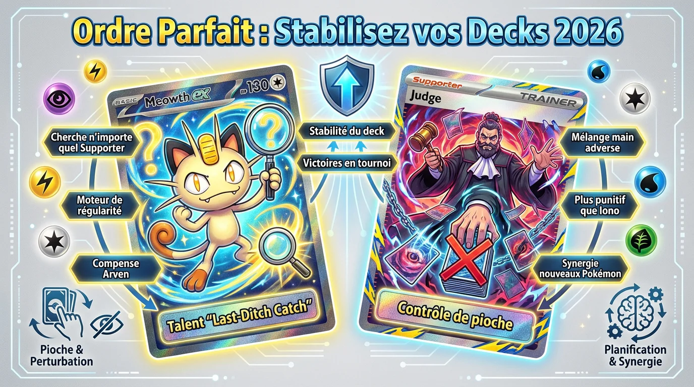 Cartes Meowth ex et Judge de l'extension Pokémon TCG Ordre Parfait