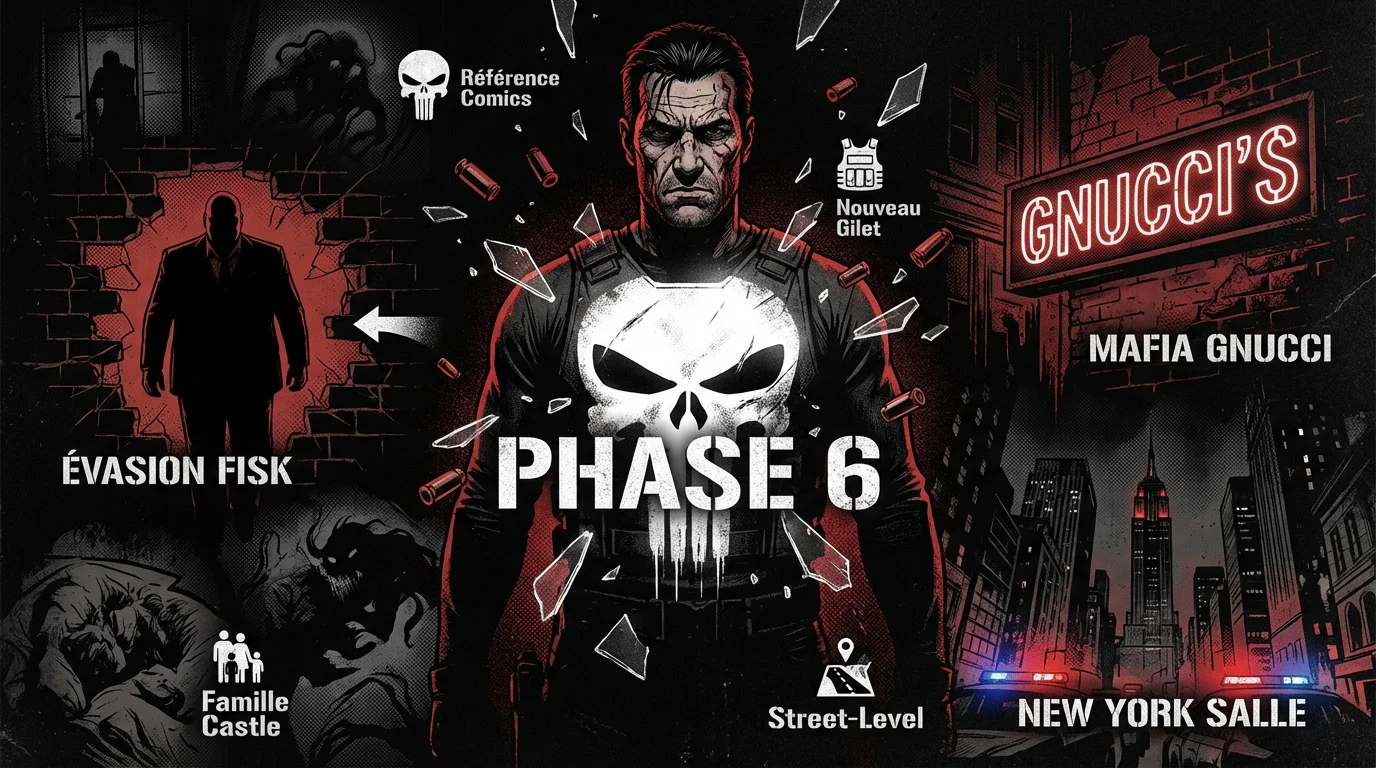 Frank Castle avec son nouveau gilet tactique au crâne blanc dans les rues sombres de New York