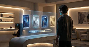 Jeune homme devant un écran holographique affichant quatre boosters virtuels et une barre de progression dans un salon moderne.