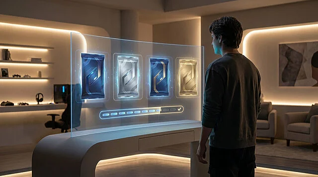Découverte des boosters pour le méta 2026 Jeune homme devant un écran holographique affichant quatre boosters virtuels et une barre de progression dans un salon moderne.