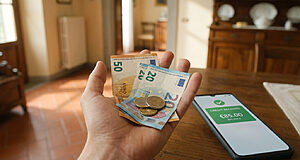 Main tenant des billets et pièces en euros, à côté d'un smartphone affichant un crédit de 85€ reçu.