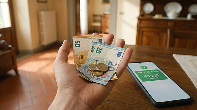 Remboursement Netflix : euros et crédit Main tenant des billets et pièces en euros, à côté d'un smartphone affichant un crédit de 85€ reçu.