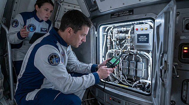 Artemis 2 : Restriction de débit d'air détectée dans Orion Deux astronautes examinent un panneau de système ouvert dans un vaisseau spatial. Un écran indique "AIRFLOW RESTRICTION DETECTED". L'un utilise un outil.