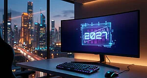 Un setup gaming avec un écran affichant un calendrier holographique marquant l'année 2027 et « CONFIDENTIAL », devant une ville nocturne.