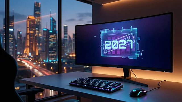 GTA 6 PC : 2027 s'affiche sur l'écran de gaming Un setup gaming avec un écran affichant un calendrier holographique marquant l'année 2027 et « CONFIDENTIAL », devant une ville nocturne.
