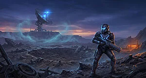 Soldat futuriste en armure noire lumineuse avec fusil, sur une planète rocheuse avec antenne satellite et base au coucher du soleil.