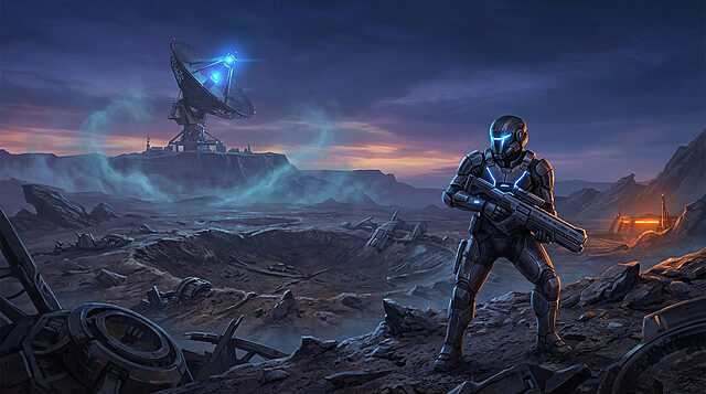 Soldat Arc Raiders en paysage désertique futuriste Soldat futuriste en armure noire lumineuse avec fusil, sur une planète rocheuse avec antenne satellite et base au coucher du soleil.