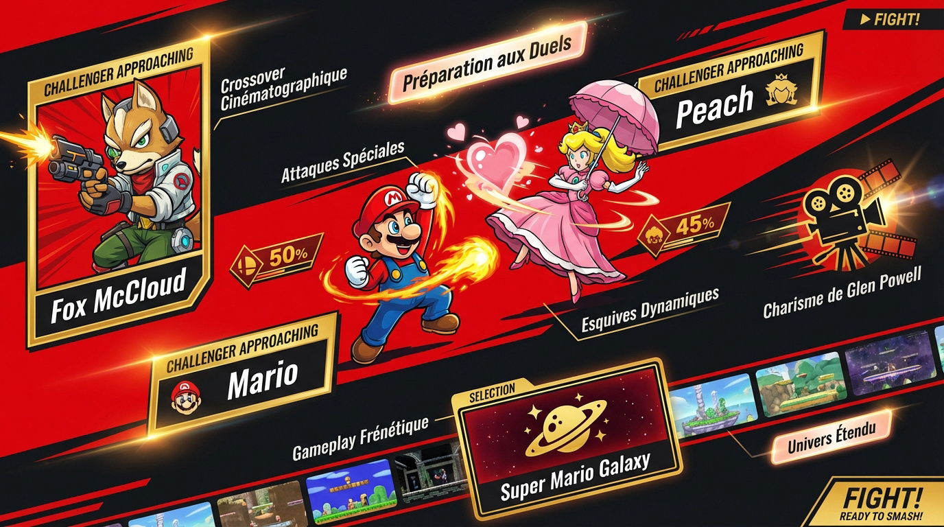 Combat épique entre Mario Peach et Fox McCloud dans un style Super Smash Bros