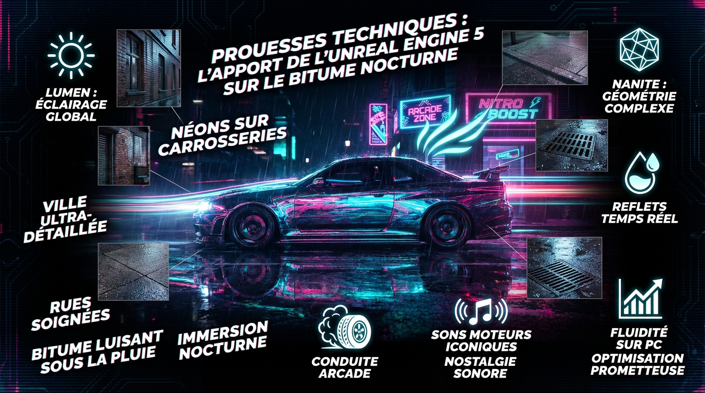 Voiture de tuning sous les néons de Bayview avec reflets Unreal Engine 5