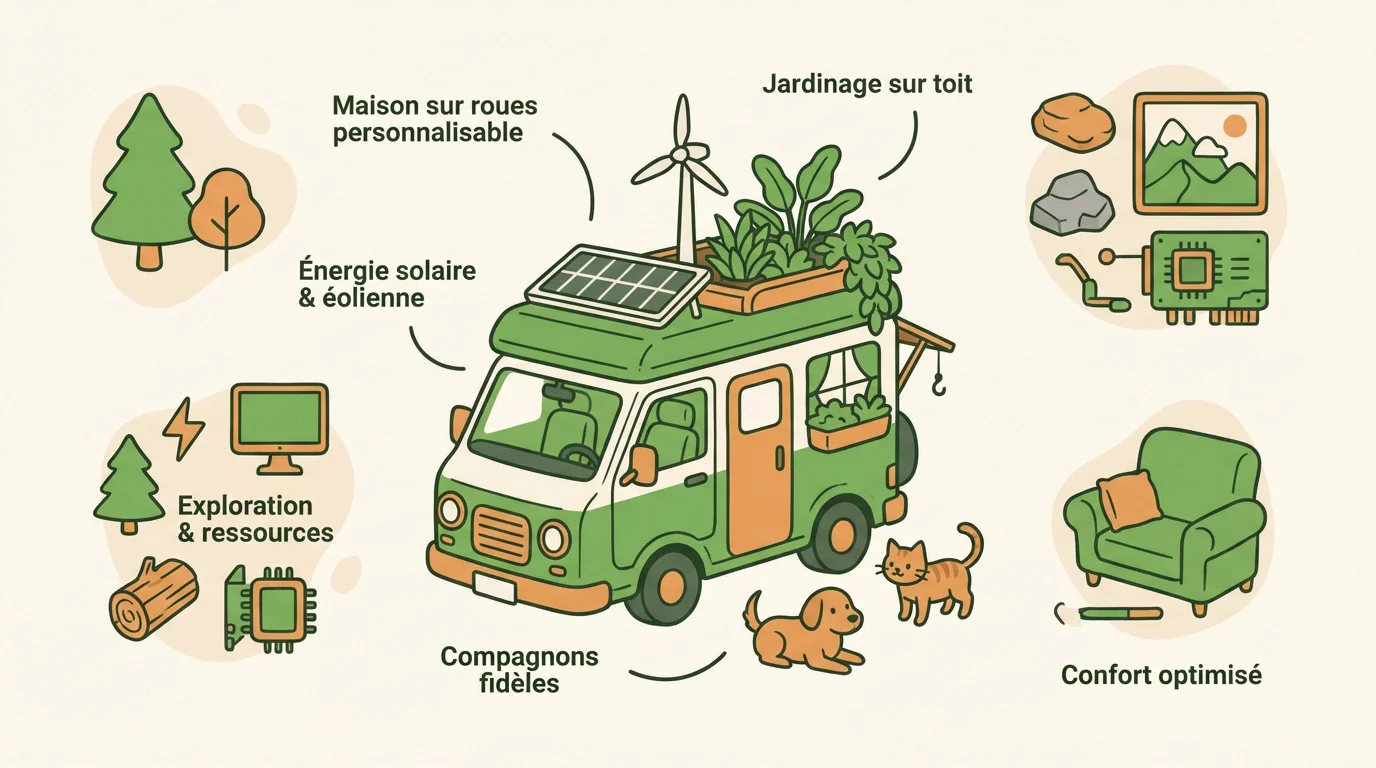 Van aménagé futuriste avec panneaux solaires dans un paysage naturel