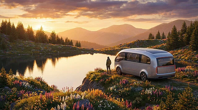 Évasion en van : lac, montagnes et lever de soleil Un van moderne au bord d'un lac, une personne admire des montagnes fleuries au lever du soleil. Reflets dorés sur l'eau.