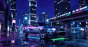 Nissan Skyline R34 tunée avec néons vifs sur rue urbaine mouillée la nuit, ambiance cyberpunk, style UE5.