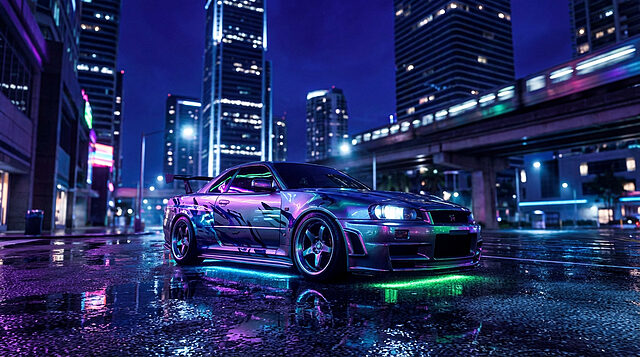 Remake NFS Underground: Skyline R34 UE5 Nissan Skyline R34 tunée avec néons vifs sur rue urbaine mouillée la nuit, ambiance cyberpunk, style UE5.