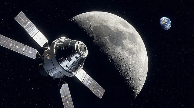 Mission Artemis 2 : Objectif Lune Une capsule spatiale Orion avec ses panneaux solaires se dirige vers la Lune. La Terre est visible en arrière-plan sur fond étoilé.