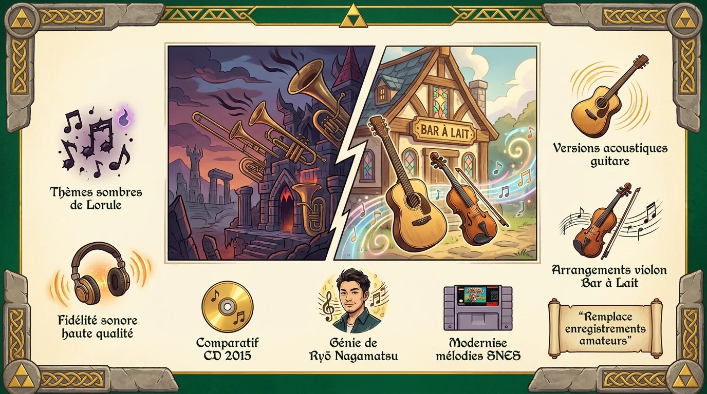 Illustration des thèmes musicaux de Lorule et du Bar à Lait dans Zelda A Link Between Worlds