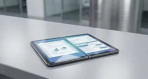 Un Galaxy Z Fold 8 Wide déplié en format tablette sur une table grise, affichant documents, calendrier et chat.