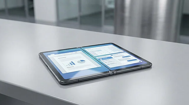 Un Galaxy Z Fold 8 Wide déplié en format tablette sur une table grise, affichant documents, calendrier et chat.