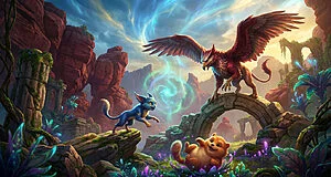 Un griffon majestueux, une petite créature bleue et un mammifère duveteux dans un paysage rocheux aux plantes lumineuses.