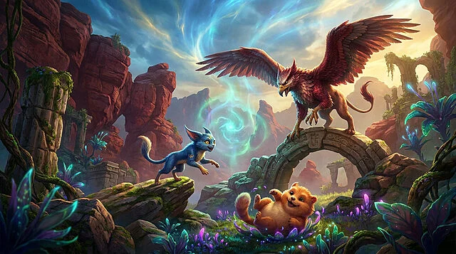 Créatures fantastiques de Crimson Desert 1.09.00 Un griffon majestueux, une petite créature bleue et un mammifère duveteux dans un paysage rocheux aux plantes lumineuses.