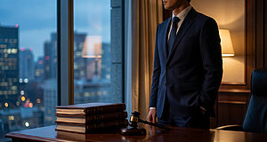 Un avocat en costume debout dans son bureau face à la ville avec des livres de droit et un marteau de juge sur le bureau.
