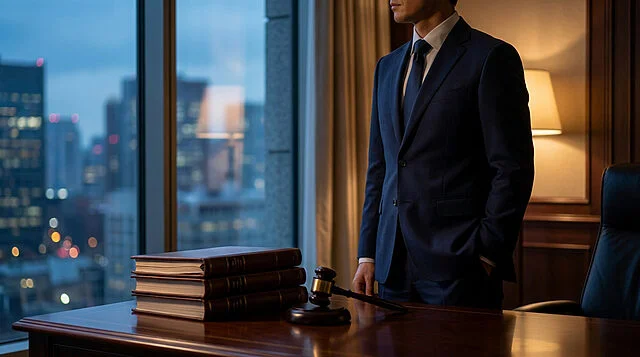 Un avocat en costume debout dans son bureau face à la ville avec des livres de droit et un marteau de juge sur le bureau.