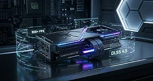 Une carte graphique futuriste Quantum Core X-26 avec des interfaces holographiques affichant 300+ FPS et DLSS 4.5.