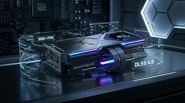 Quelle carte graphique choisir en 2026 ? Une carte graphique futuriste Quantum Core X-26 avec des interfaces holographiques affichant 300+ FPS et DLSS 4.5.