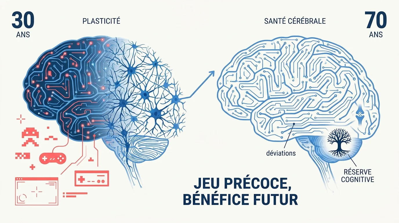 Schéma d'un cerveau humain stimulé par les jeux vidéo pour un vieillissement actif