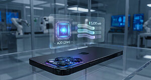 Rendu futuriste d'un iPhone 18 Pro avec hologramme affichant la puce A20 de 2nm et une batterie de 5200 mAh.