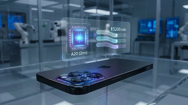 iPhone 18 Pro : Zoom sur la puce A20 et la batterie Rendu futuriste d'un iPhone 18 Pro avec hologramme affichant la puce A20 de 2nm et une batterie de 5200 mAh.