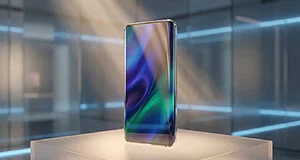 Un smartphone futuriste en verre posé sur un socle lumineux dans un décor technologique épuré.